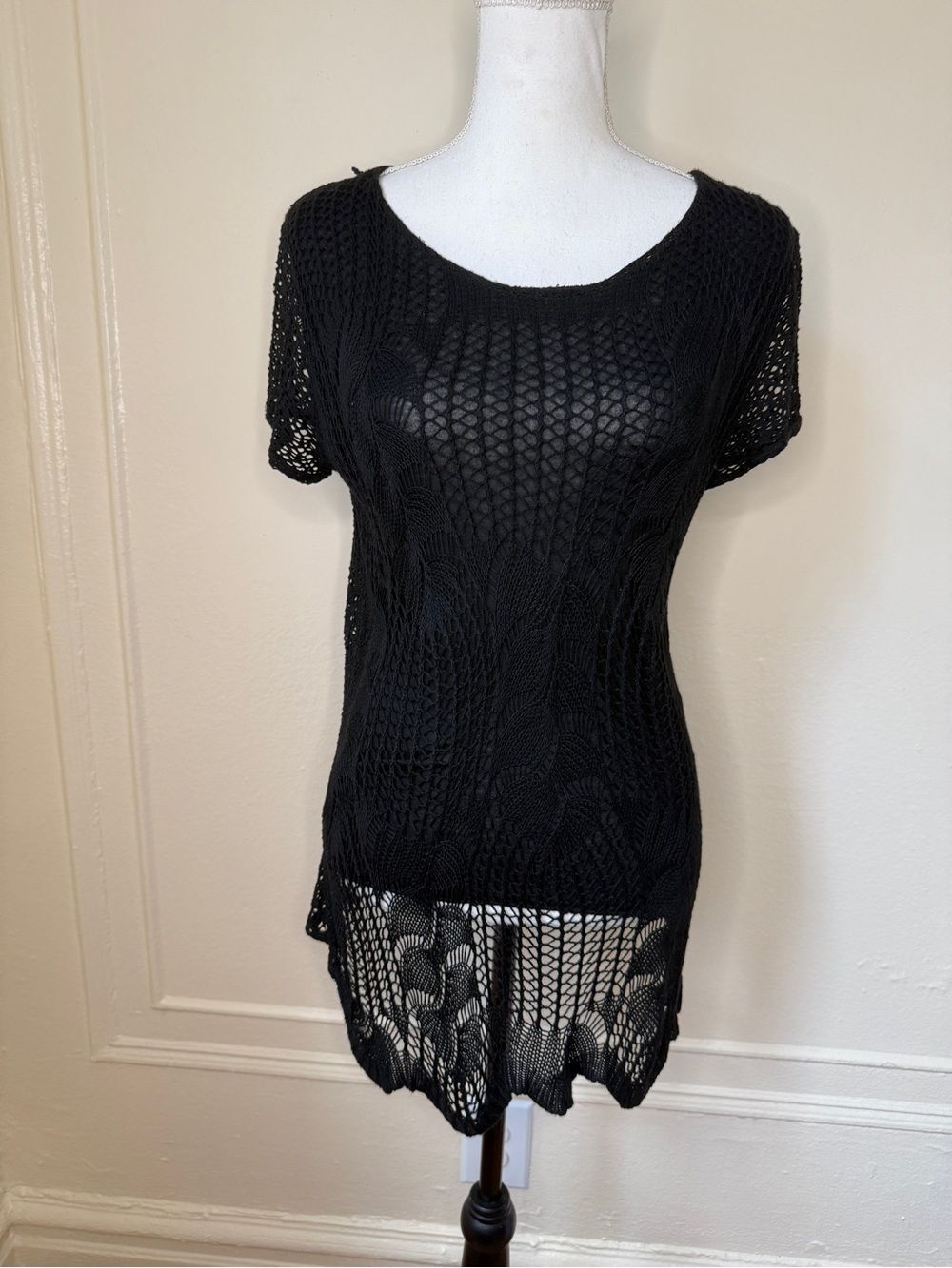 Y2K 90s Boho Hippie Punk Club Short Sleeve Black Top with Knitted Overlay
